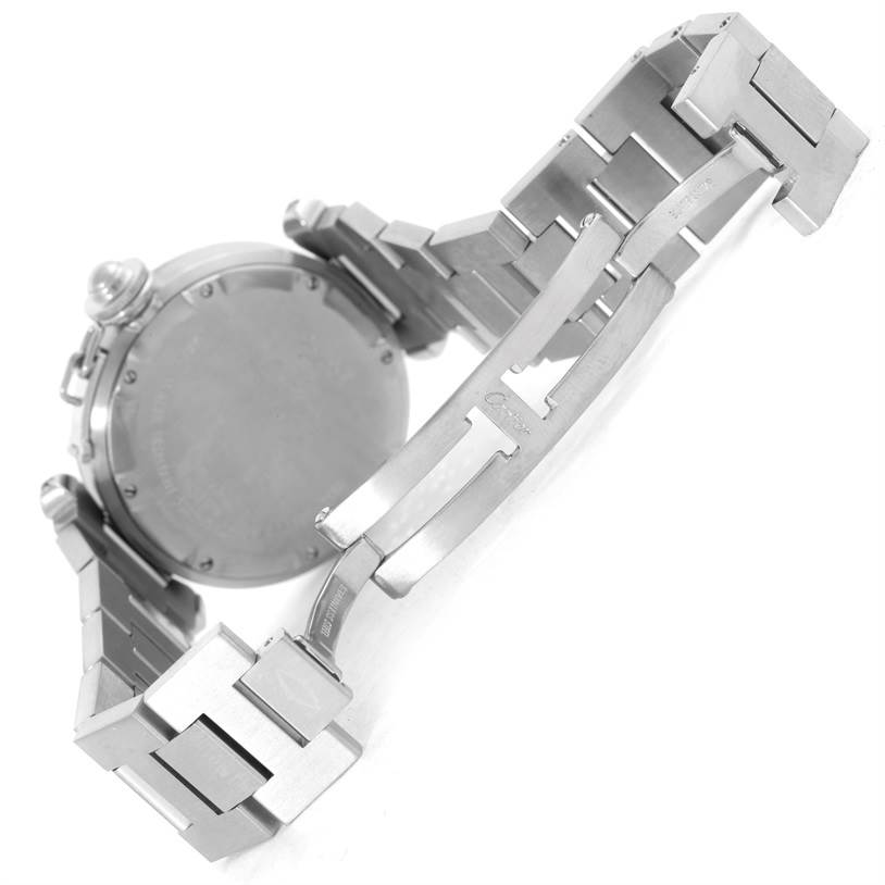 The image shows the back and clasp of the Cartier Pasha W31055M7 Stainless Steel White Dial W31055M7 Stainless Steel White Dial watch, with the stainless steel bracelet partially open.