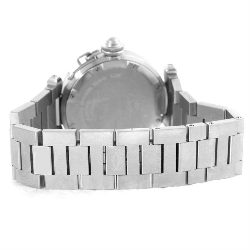 This image shows the back view of the Cartier Pasha W31055M7 Stainless Steel White Dial W31055M7 Stainless Steel White Dial watch, focusing on the case and metal bracelet.