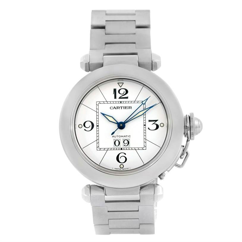 This is a front view of the Cartier Pasha W31055M7 Stainless Steel White Dial W31055M7 Stainless Steel White Dial model watch showing the dial, bracelet, and crown.