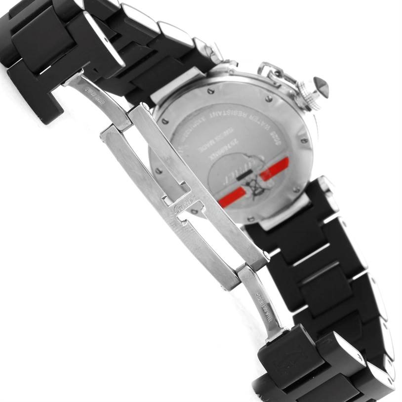 This image shows the back side and clasp of the Cartier Pasha W3140003 Women's Stainless Steel Black Dial W3140003 Women's Stainless Steel Black Dial watch, highlighting its metal clasp and rubber strap.