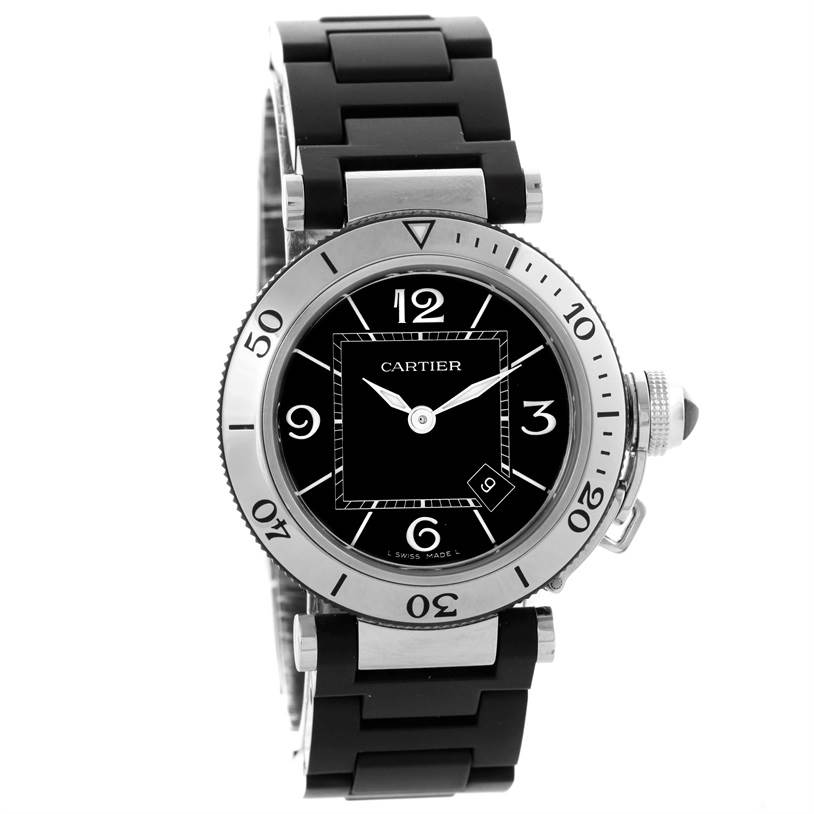 The image shows a front view of a Cartier Pasha W3140003 Women's Stainless Steel Black Dial W3140003 Women's Stainless Steel Black Dial watch with a black dial and silver bezel.