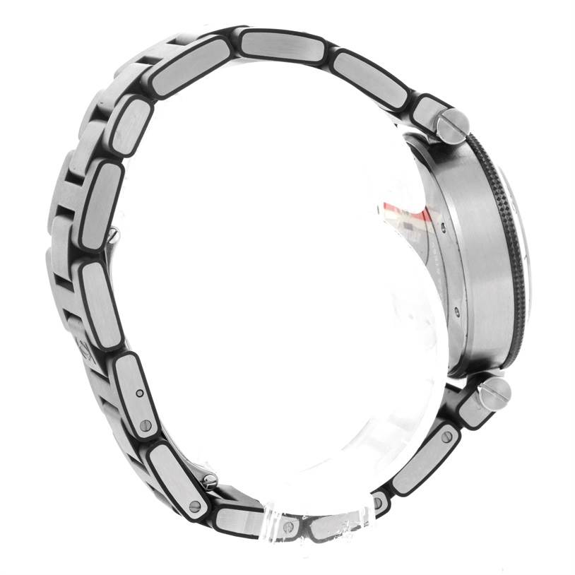 The image shows a side angle view of a Pasha de Cartier watch, highlighting the bracelet and case.