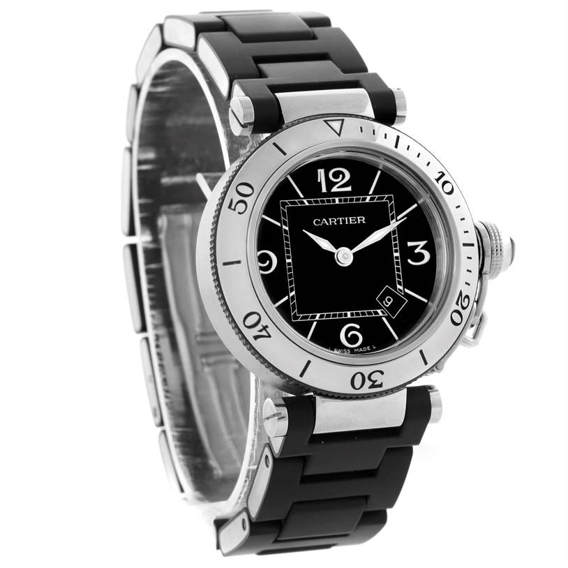 This image shows a Cartier Pasha W3140003 Women's Stainless Steel Black Dial W3140003 Women's Stainless Steel Black Dial watch angled to display the face, bezel, crown guard, and part of the strap.