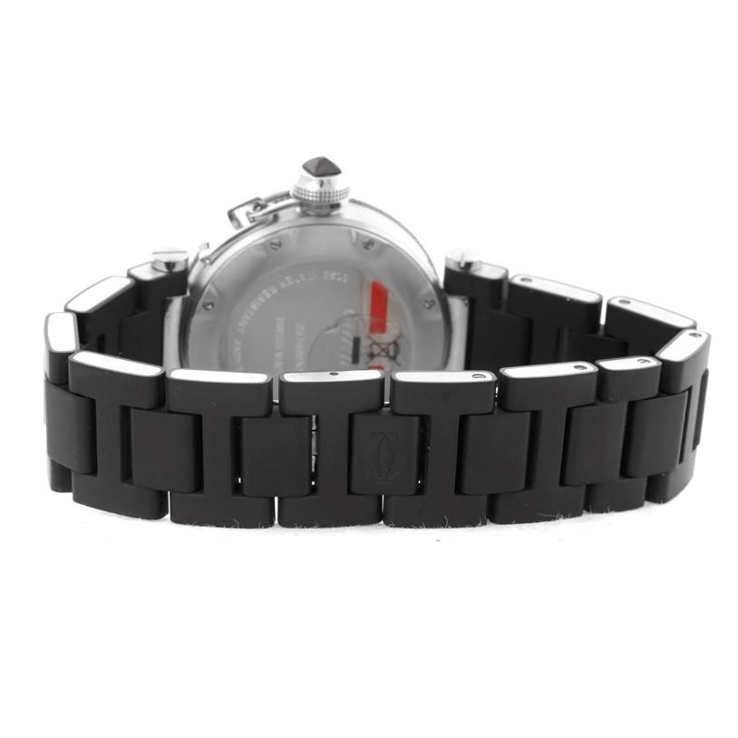This image shows the Cartier Pasha W3140003 Women's Stainless Steel Black Dial W3140003 Women's Stainless Steel Black Dial watch from the back, highlighting its case back and black link bracelet.