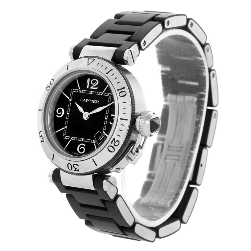 The image shows a side view of the Cartier Pasha W3140003 Women's Stainless Steel Black Dial W3140003 Women's Stainless Steel Black Dial watch, highlighting its black dial, bezel, and strap.