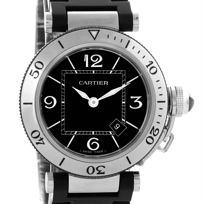 This image shows a frontal view of the Cartier Pasha W3140003 Women's Stainless Steel Black Dial W3140003 Women's Stainless Steel Black Dial watch, highlighting the watch face, bezel, and part of the strap attachment.