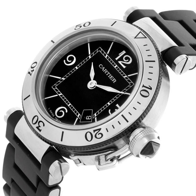 This image shows a Cartier Pasha W3140003 Women's Stainless Steel Black Dial W3140003 Women's Stainless Steel Black Dial watch at an angled close-up, emphasizing the bezel, dial, and crown with a black rubber strap.