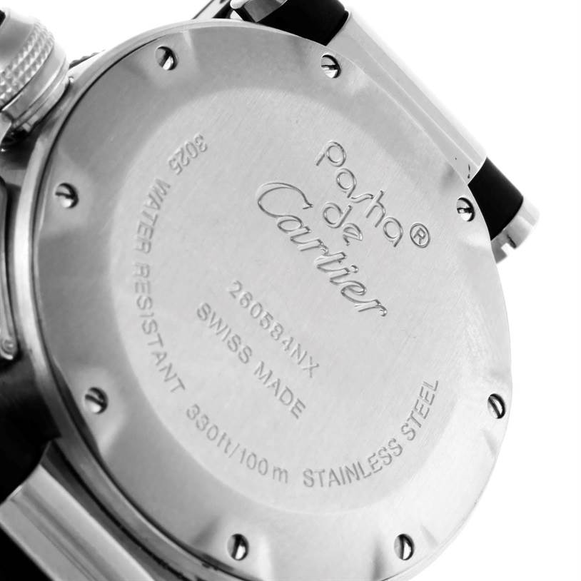 This image shows a close-up of the back case of a Cartier Pasha W3140003 Women's Stainless Steel Black Dial W3140003 Women's Stainless Steel Black Dial model watch, highlighting its engravings and screws.