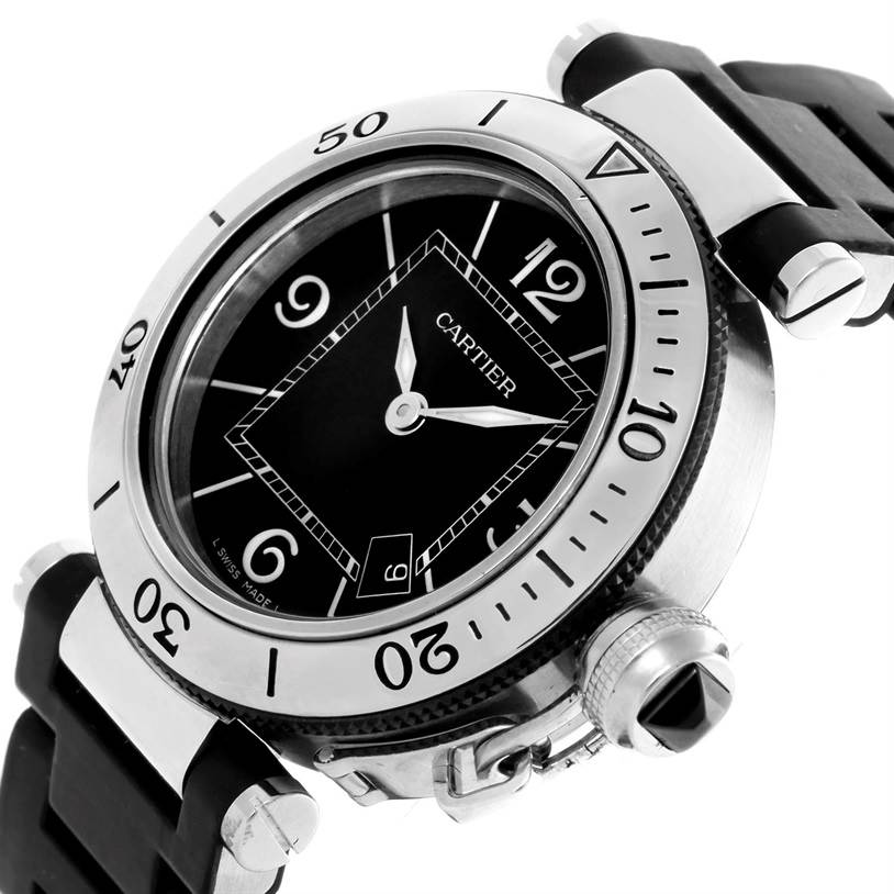 The image shows a Cartier Pasha W3140003 Women's Stainless Steel Black Dial W3140003 Women's Stainless Steel Black Dial watch at an angled close-up, highlighting the bezel, dial, crown, and part of the strap.