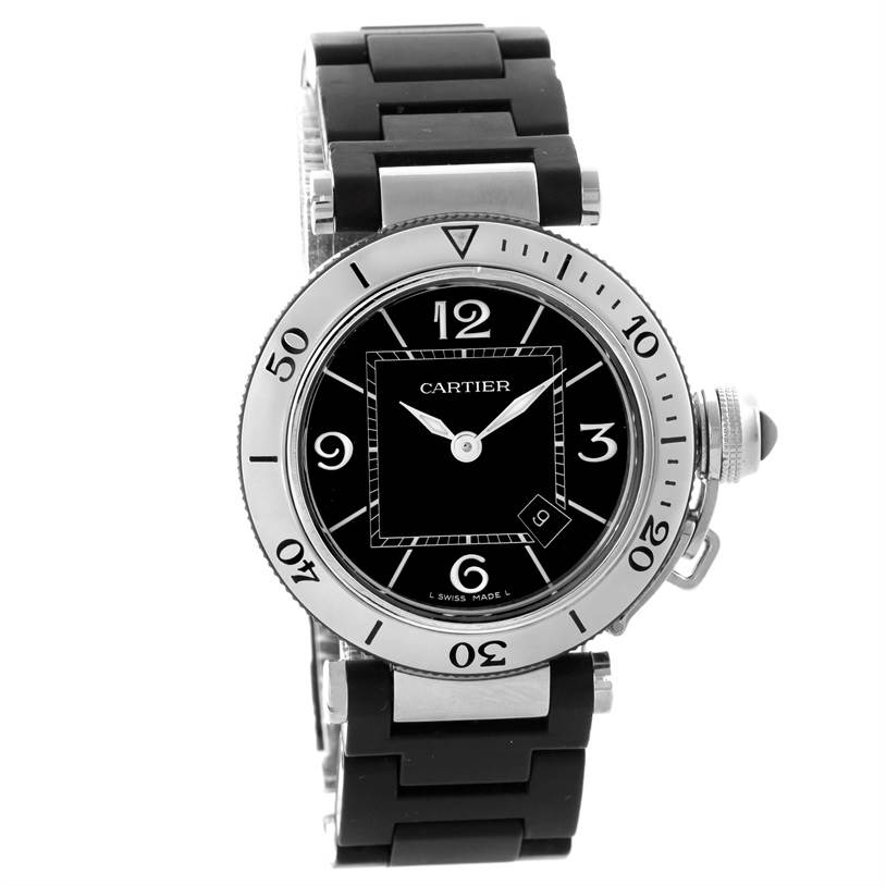 The Cartier Pasha W3140003 Women's Stainless Steel Black Dial W3140003 Women's Stainless Steel Black Dial watch is shown from a front angle, highlighting the black dial, bezel, and strap.