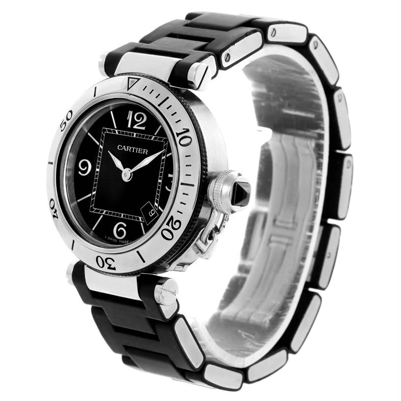 The image shows a side view of the Cartier Pasha W3140003 Women's Stainless Steel Black Dial W3140003 Women's Stainless Steel Black Dial watch, highlighting its bezel, dial, crown, and bracelet.