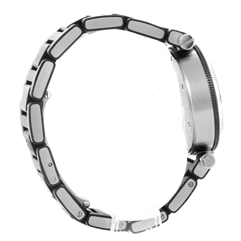 The image shows a side profile of a Cartier Pasha W3140003 Women's Stainless Steel Black Dial W3140003 Women's Stainless Steel Black Dial watch, highlighting the strap, case, and crown.