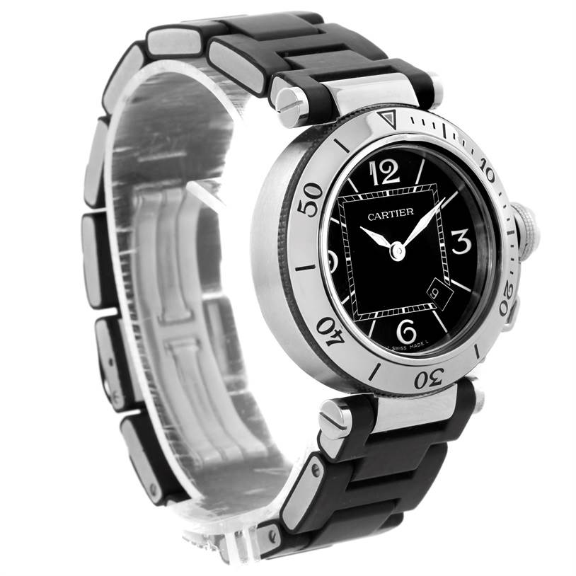 The image shows a side-angle view of the Cartier Pasha W3140003 Women's Stainless Steel Black Dial W3140003 Women's Stainless Steel Black Dial watch, highlighting its face, bezel, crown, and partially open metal bracelet.