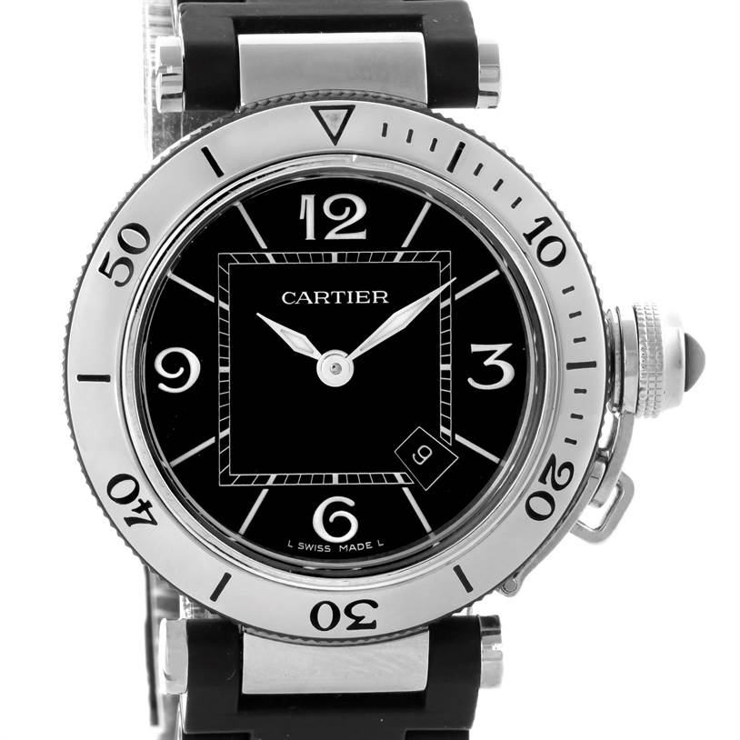 The image shows a front view of the Cartier Pasha W3140003 Women's Stainless Steel Black Dial W3140003 Women's Stainless Steel Black Dial watch, highlighting the dial, bezel, and part of the strap.