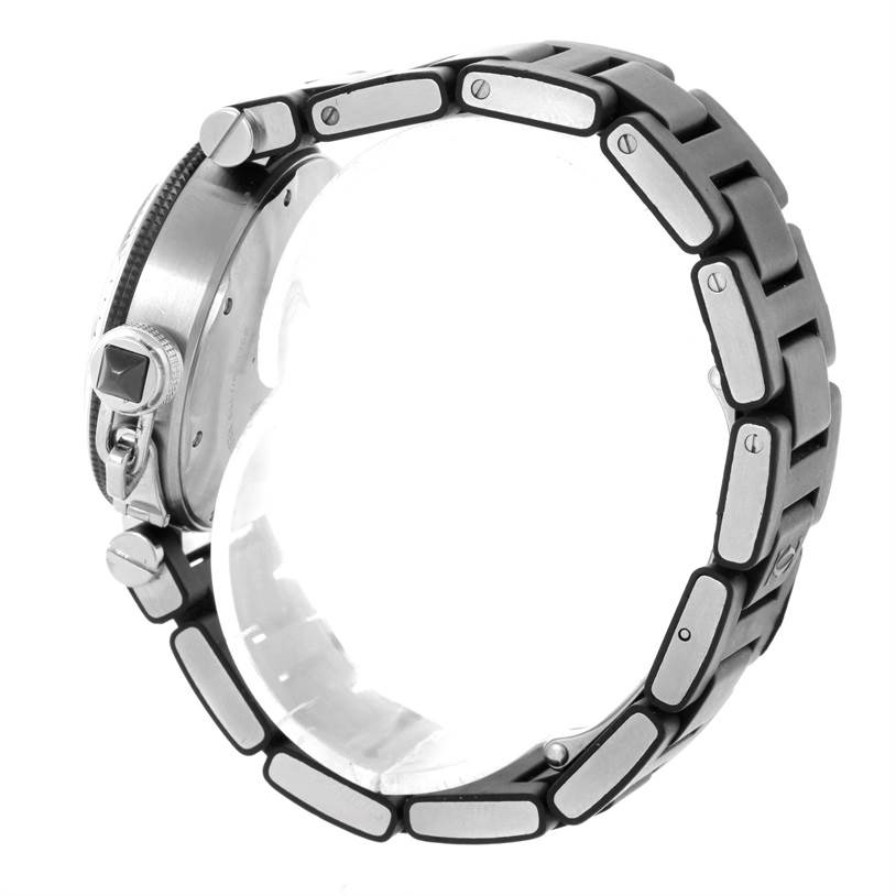 This image shows a side view of the Cartier Pasha W3140003 Women's Stainless Steel Black Dial W3140003 Women's Stainless Steel Black Dial watch, highlighting its stainless steel bracelet and crown.