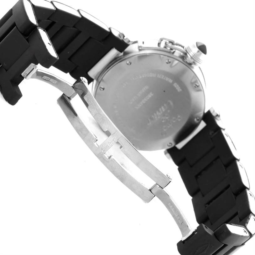 The image shows the backside and clasp of a Cartier Pasha W3140003 Women's Stainless Steel Black Dial W3140003 Women's Stainless Steel Black Dial watch, highlighting the strap and watch case back.