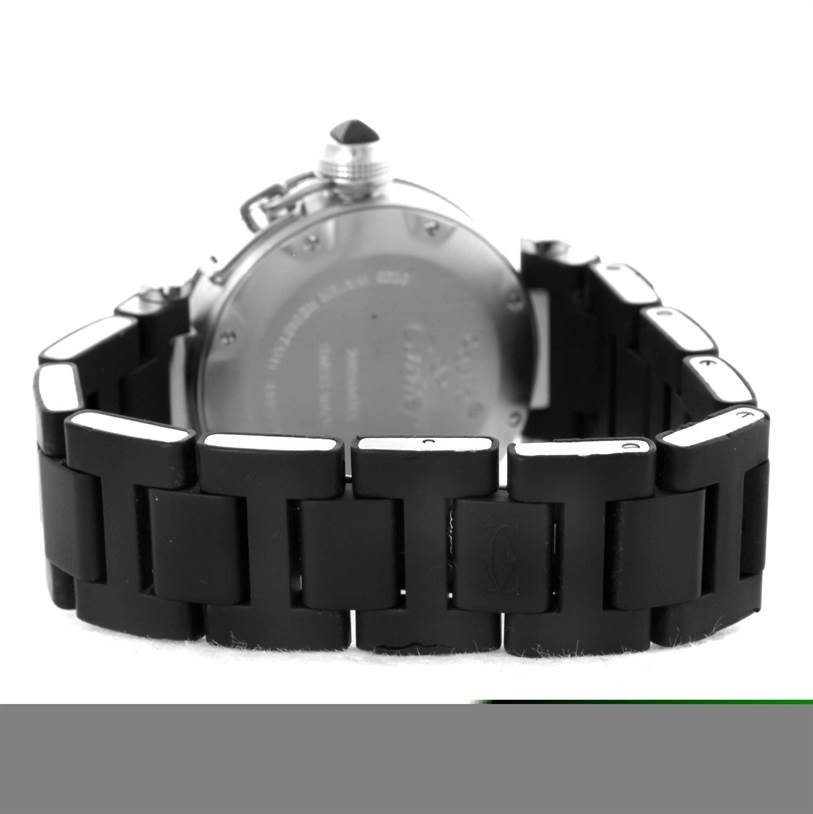 The image shows the back and strap of a Cartier Pasha W3140003 Women's Stainless Steel Black Dial W3140003 Women's Stainless Steel Black Dial watch from a rear angle.