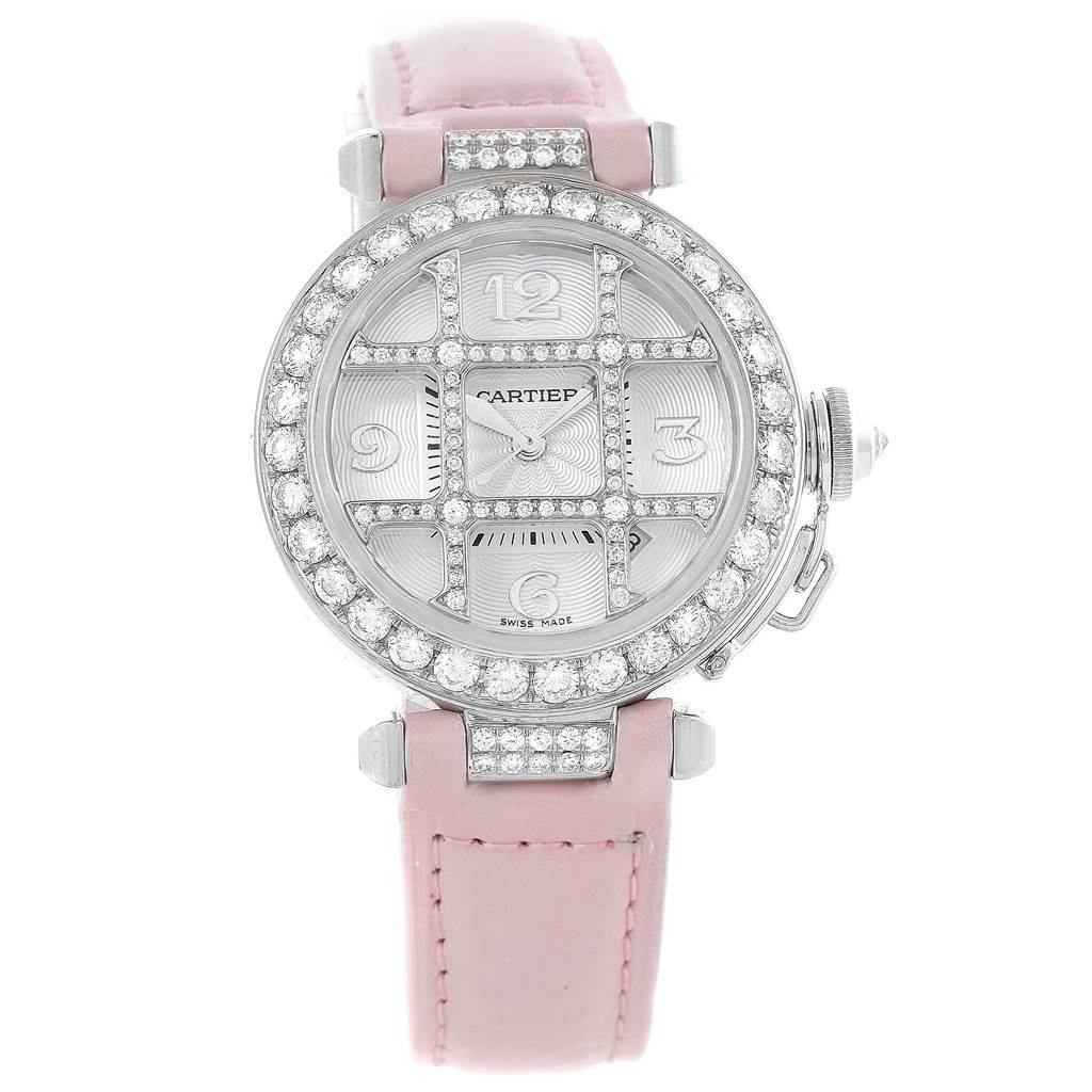 This image shows a Cartier Pasha WJ116136 Men's White Gold Silver Dial WJ116136 Men's White Gold Silver Dial watch from a front angle featuring a pink strap, diamond-studded bezel, and silver dial.