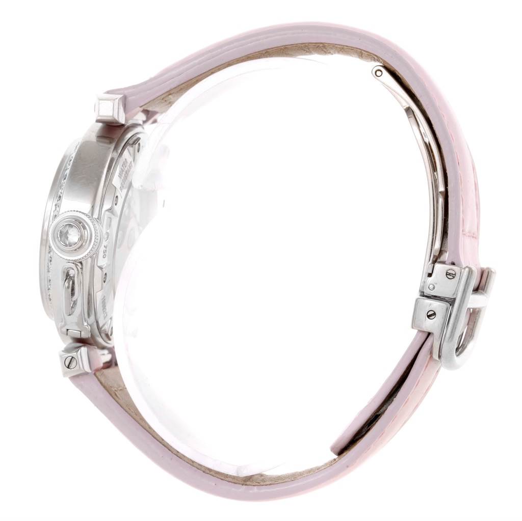 The image shows a side view of a Cartier Pasha WJ116136 Men's White Gold Silver Dial WJ116136 Men's White Gold Silver Dial watch, highlighting its case, crown, and pink leather strap with buckle.