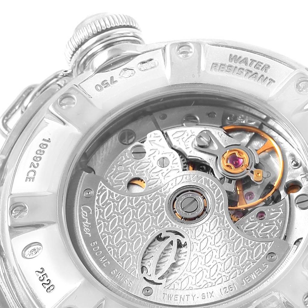 This image shows the back of the Cartier Pasha WJ116136 Men's White Gold Silver Dial WJ116136 Men's White Gold Silver Dial watch, displaying the intricate mechanical movement.