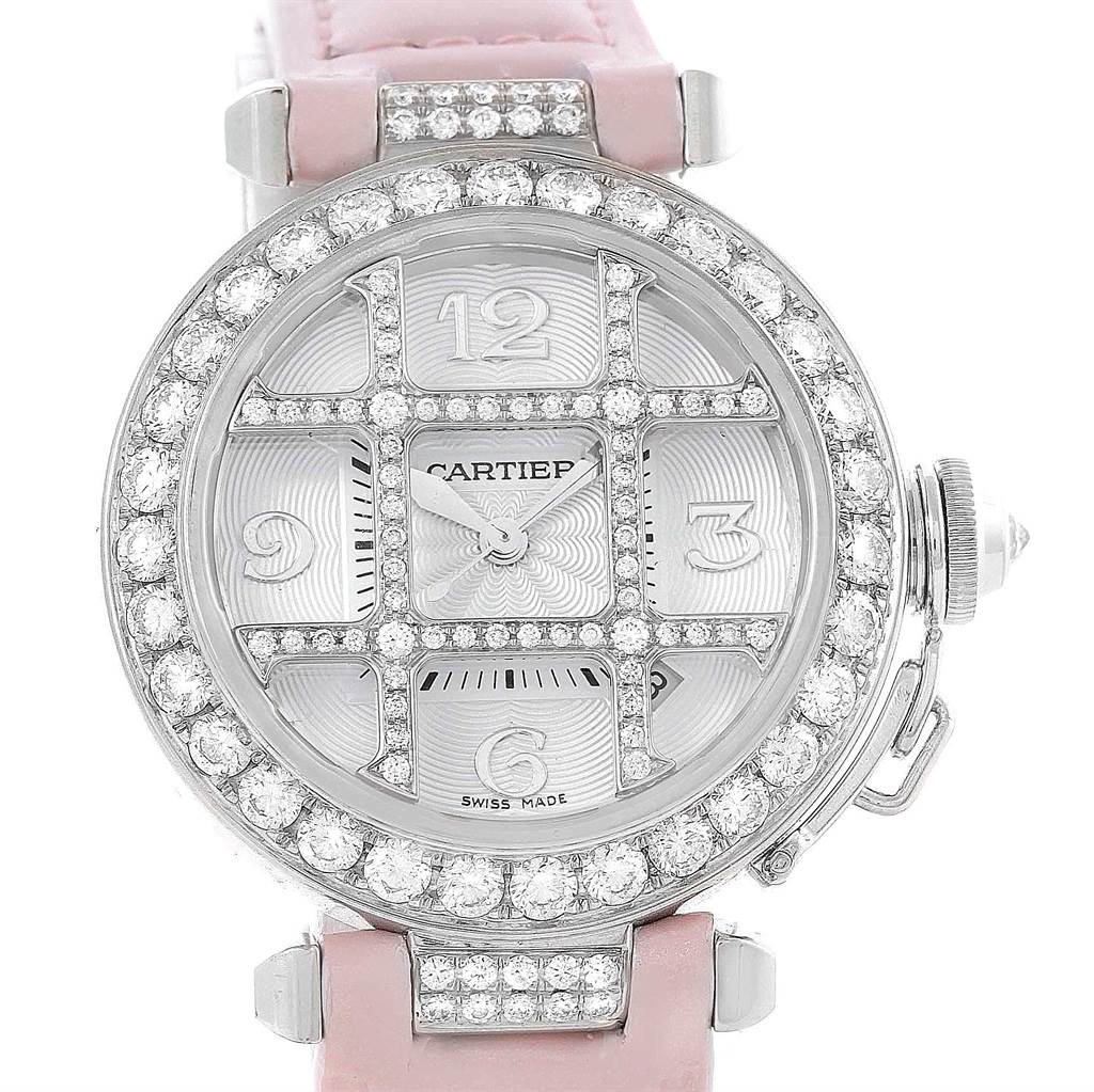 The image shows a front view of a Cartier Pasha WJ116136 Men's White Gold Silver Dial WJ116136 Men's White Gold Silver Dial watch with a pink strap and diamond-studded bezel.