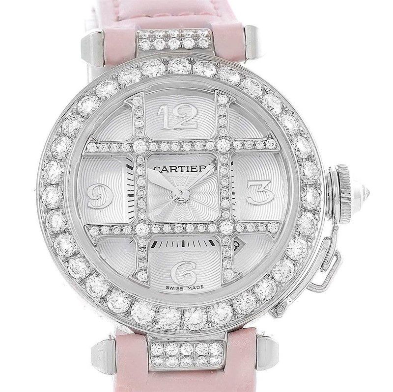 Cartier Pasha White Gold Pink Strap Diamond Grid Ladies Watch WJ116136 SwissWatchExpo