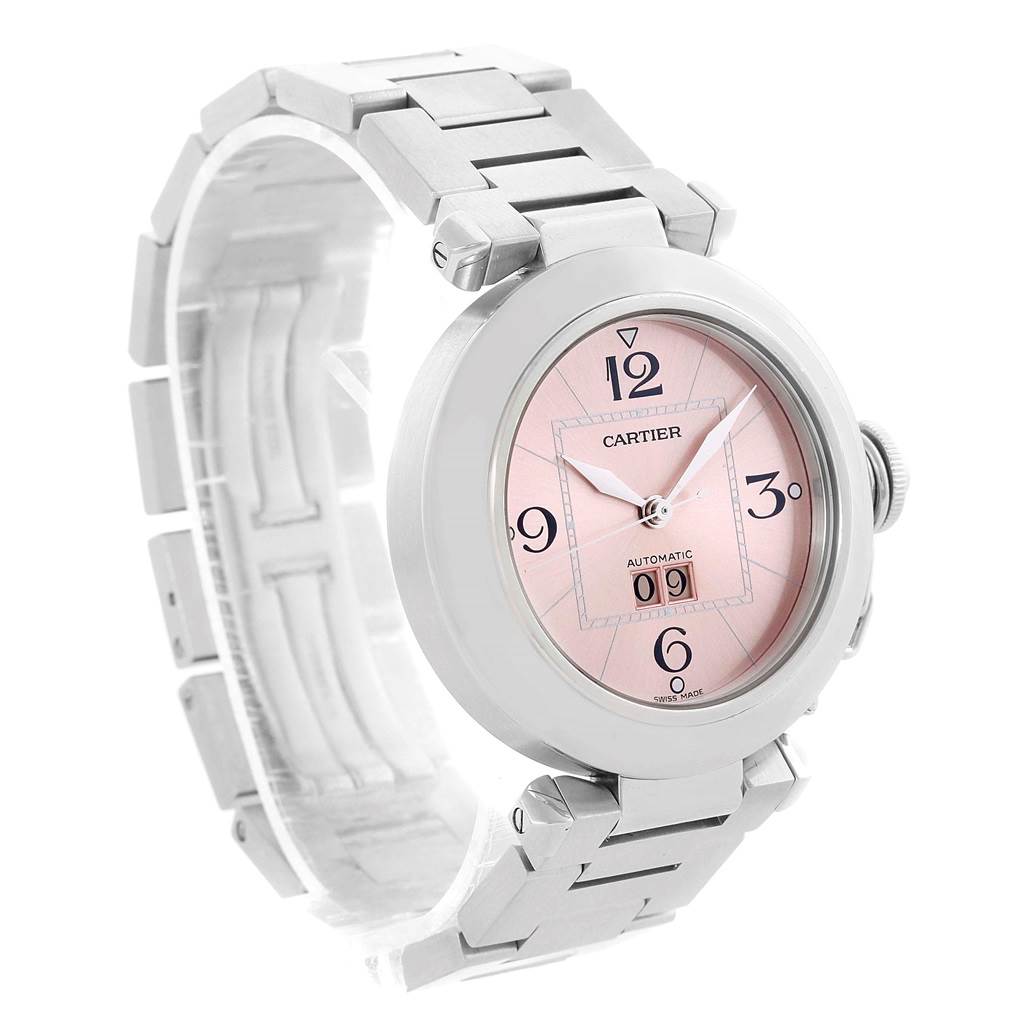 The Cartier Pasha W31058M7 Women's Stainless Steel Pink Dial W31058M7 Women's Stainless Steel Pink Dial watch is shown at a slight angle highlighting its pink dial, hour markers, and metallic strap.