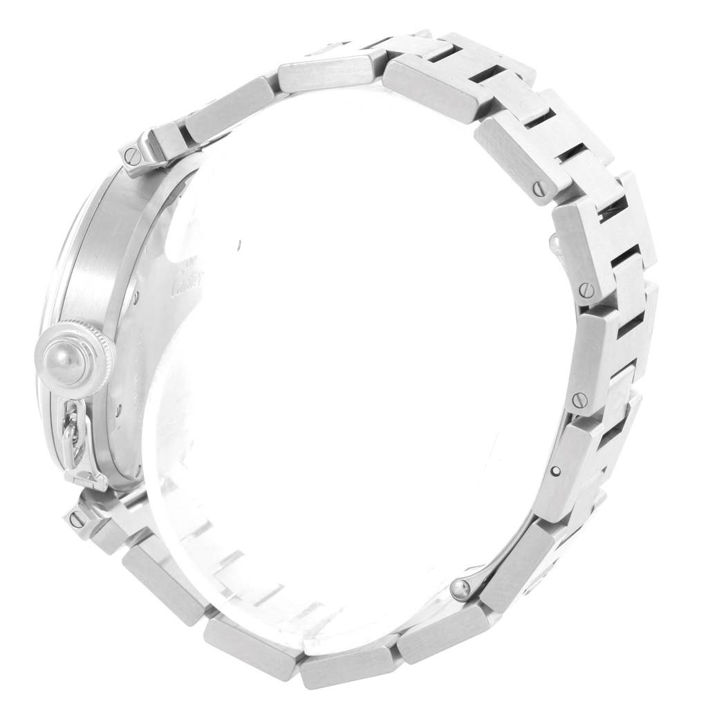 This image shows the side view of a Cartier Pasha W31058M7 Women's Stainless Steel Pink Dial W31058M7 Women's Stainless Steel Pink Dial watch, highlighting the bracelet and crown.
