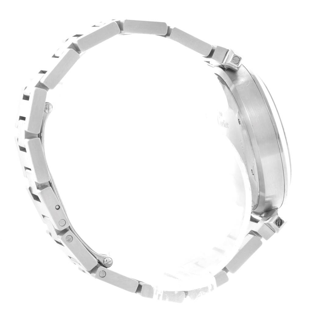 The image shows a side view of a Cartier Pasha W31058M7 Women's Stainless Steel Pink Dial W31058M7 Women's Stainless Steel Pink Dial model watch, highlighting the bracelet and the side of the case.