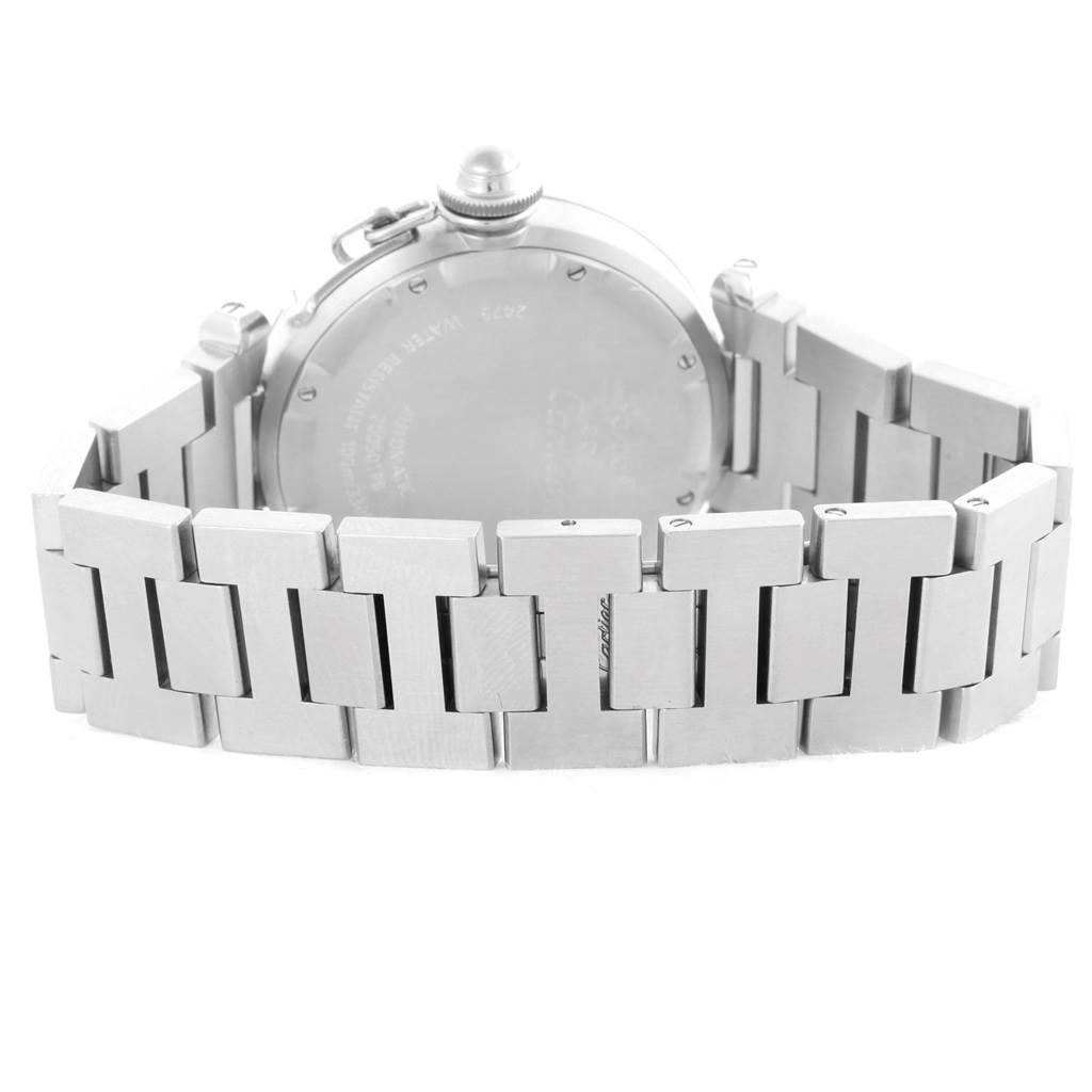 The image shows the closed back case and metal bracelet of a Cartier Pasha W31058M7 Women's Stainless Steel Pink Dial W31058M7 Women's Stainless Steel Pink Dial model watch, viewed from an angle behind the watch.