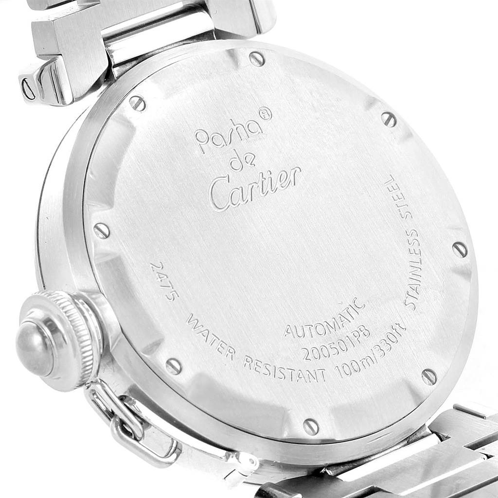 The image shows the back of a Cartier Pasha W31058M7 Women's Stainless Steel Pink Dial W31058M7 Women's Stainless Steel Pink Dial watch, highlighting its case back and stainless steel bracelet.