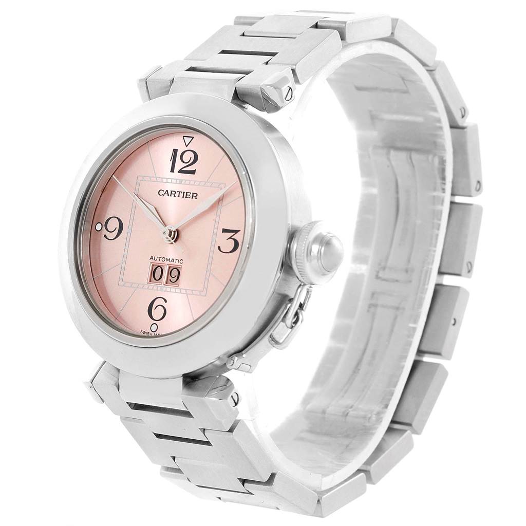 The Cartier Pasha W31058M7 Women's Stainless Steel Pink Dial W31058M7 Women's Stainless Steel Pink Dial watch is shown at a three-quarter angle, highlighting its pink dial and stainless steel bracelet.