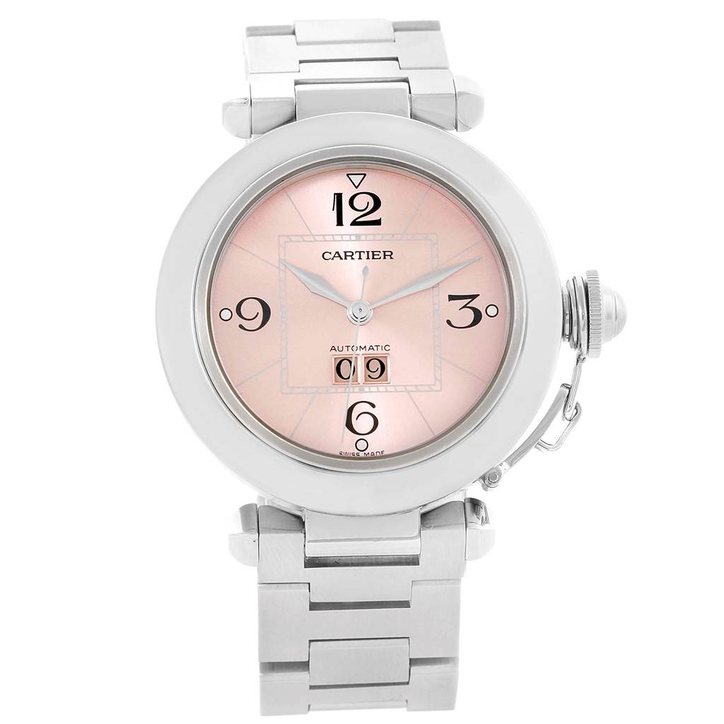 The image shows a front view of the Cartier Pasha W31058M7 Women's Stainless Steel Pink Dial W31058M7 Women's Stainless Steel Pink Dial watch, highlighting its face, bezel, crown, and stainless steel bracelet.