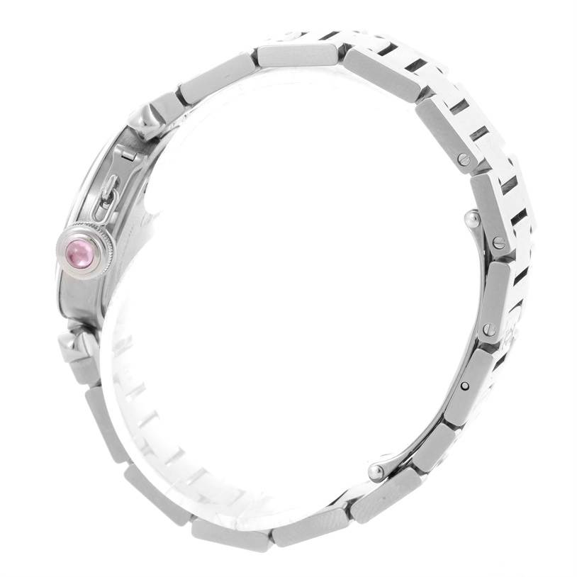 The image shows a side view of a Cartier Pasha W3140008 Women
s Stainless Steel Pink Dial W3140008 Women
s Stainless Steel Pink Dial watch, highlighting its band and crown with a pink gem.