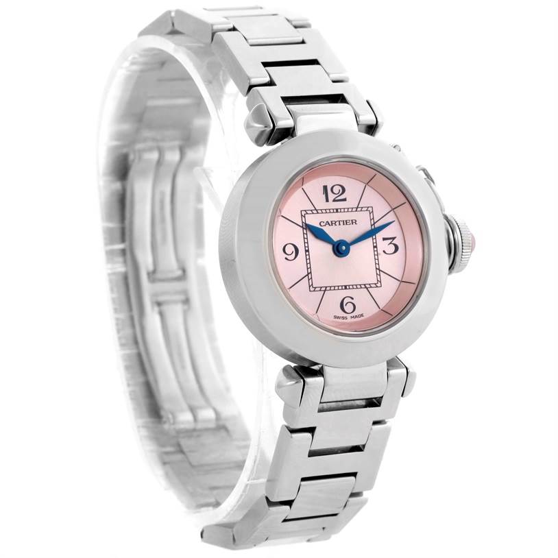 The image shows a Cartier Pasha W3140008 Women
s Stainless Steel Pink Dial W3140008 Women
s Stainless Steel Pink Dial watch from a front angle, highlighting its pink dial, stainless steel bracelet, and blue hands.