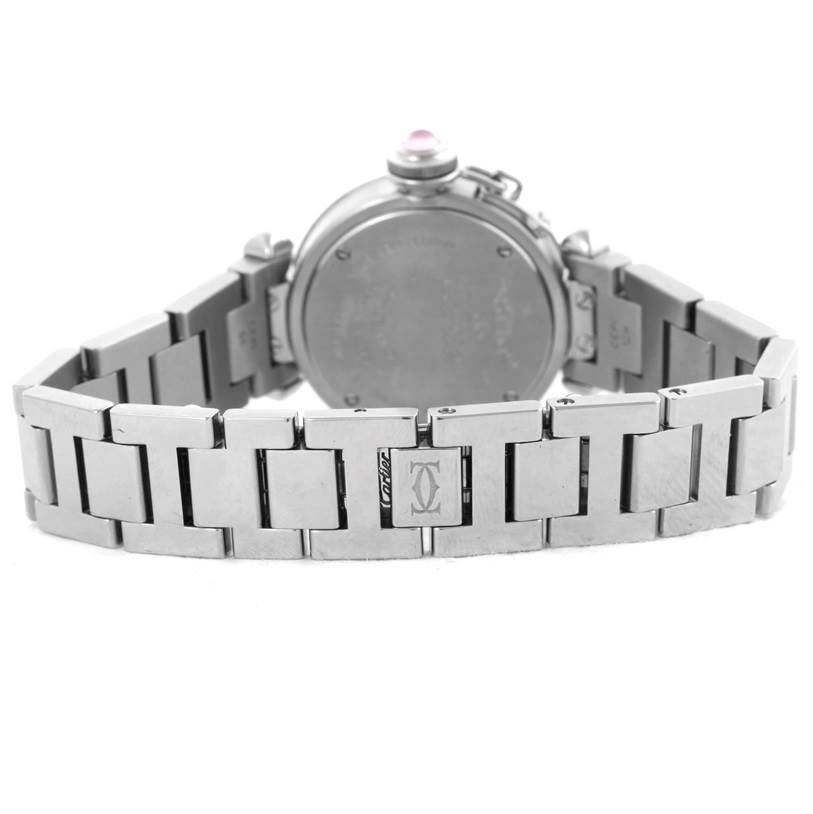 The image shows the back and bracelet of a Cartier Pasha W3140008 Women
s Stainless Steel Pink Dial W3140008 Women
s Stainless Steel Pink Dial watch.