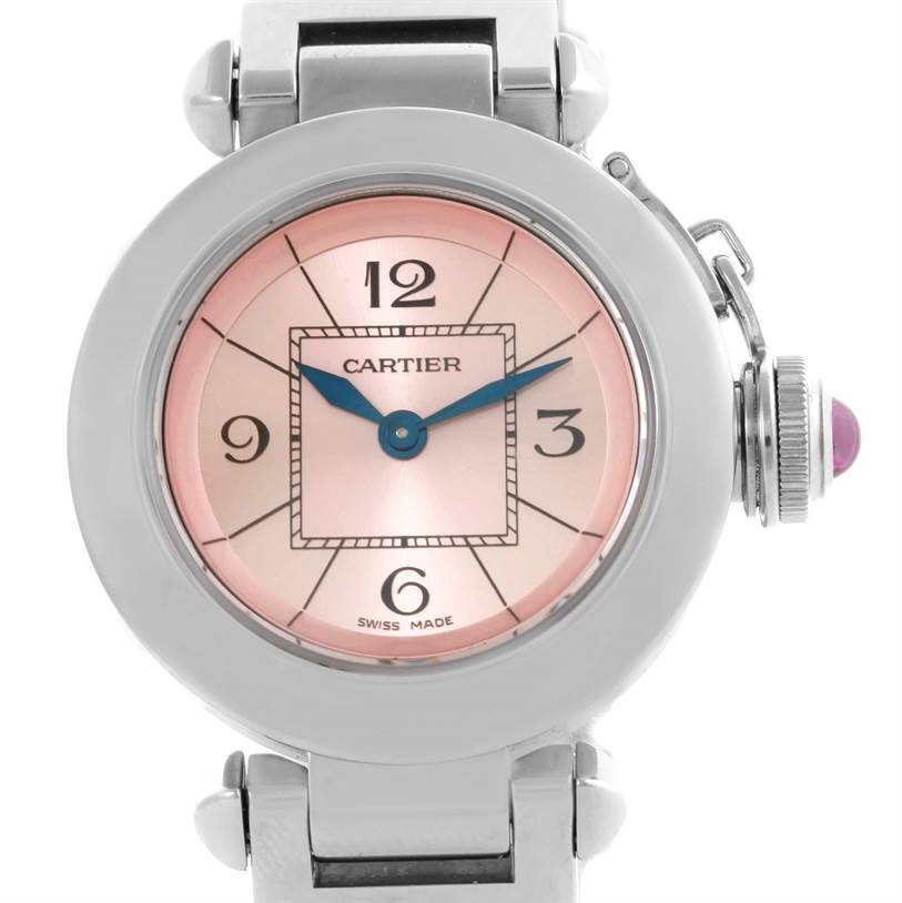 This image shows a front view of the Cartier Pasha W3140008 Women
s Stainless Steel Pink Dial W3140008 Women
s Stainless Steel Pink Dial model watch, highlighting the dial and part of the bracelet.