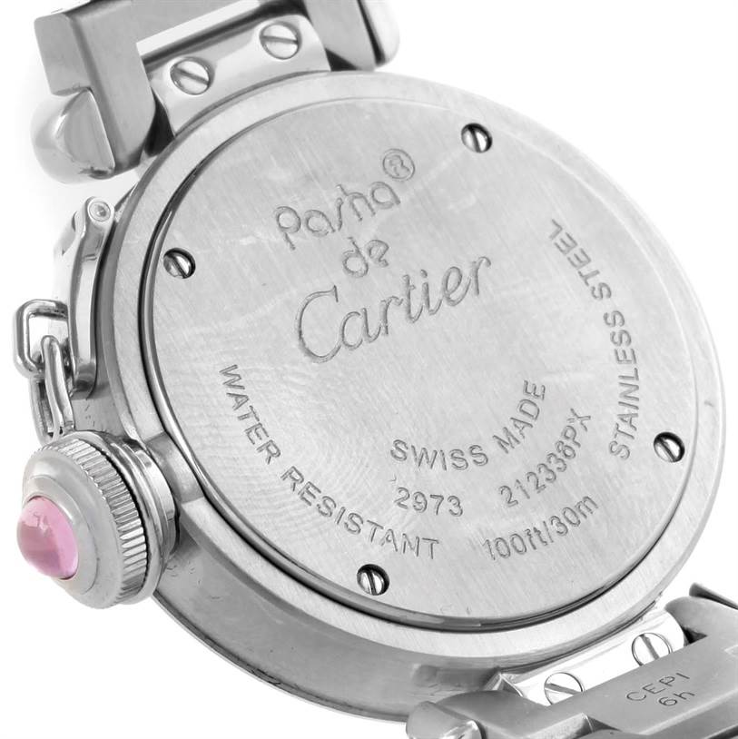 The image shows the back and part of the stainless steel strap of a Cartier Pasha W3140008 Women
s Stainless Steel Pink Dial W3140008 Women
s Stainless Steel Pink Dial watch, including its screw-down crown.