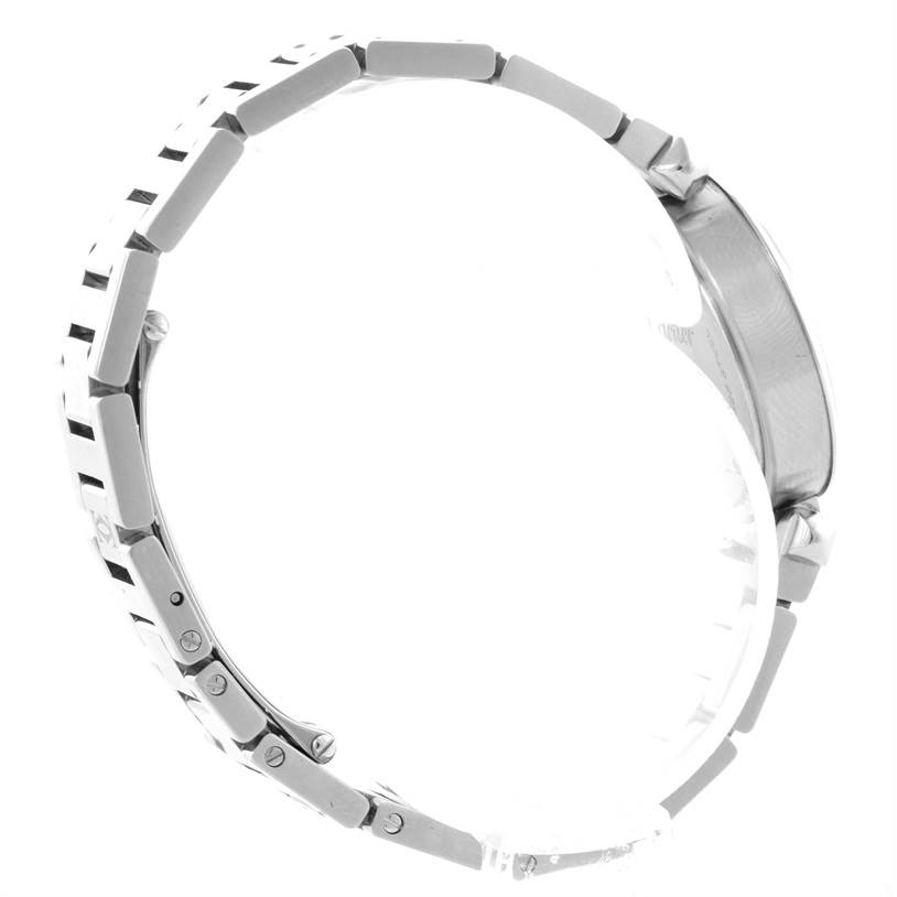 The image shows a side view of the Cartier Pasha W3140008 Women
s Stainless Steel Pink Dial W3140008 Women
s Stainless Steel Pink Dial watch, focusing on the metallic bracelet and case side.