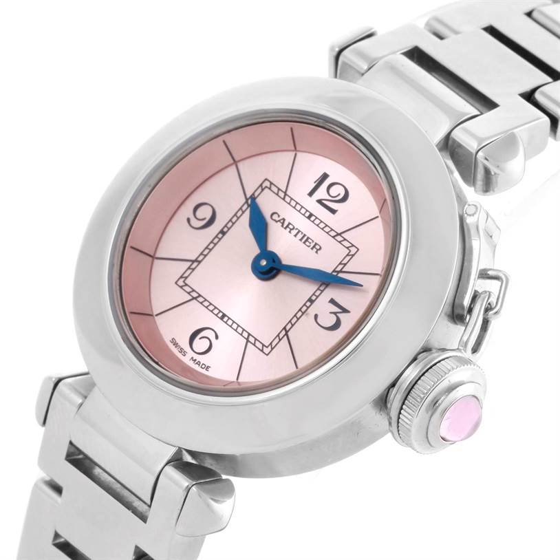 The image shows a Cartier Pasha W3140008 Women
s Stainless Steel Pink Dial W3140008 Women
s Stainless Steel Pink Dial watch from a slight side angle, highlighting the face, crown, and part of the bracelet.
