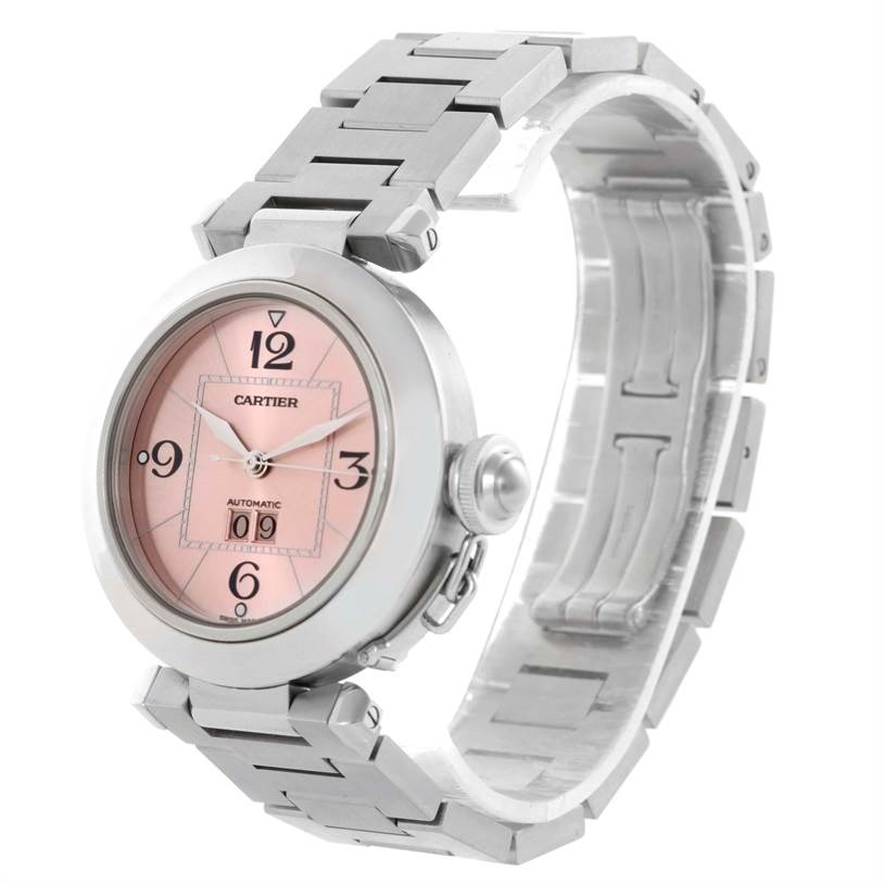 The image shows a Cartier Pasha W31058M7 Women
s Stainless Steel Pink Dial W31058M7 Women
s Stainless Steel Pink Dial watch with a pink dial and metal bracelet, viewed from a front-side angle.
