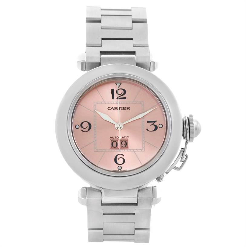 The image shows a front view of the Cartier Pasha W31058M7 Women
s Stainless Steel Pink Dial W31058M7 Women
s Stainless Steel Pink Dial watch, highlighting its pink dial, stainless steel case, and bracelet.