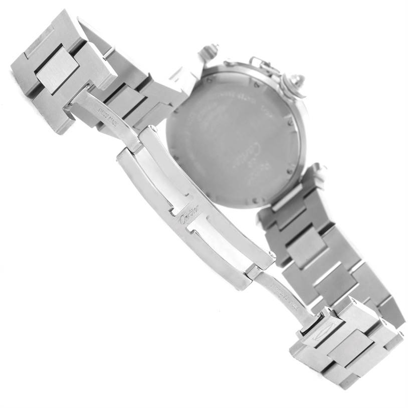 The image shows the back and clasp mechanism of a Cartier Pasha W31058M7 Women
s Stainless Steel Pink Dial W31058M7 Women
s Stainless Steel Pink Dial watch, highlighting the bracelet and buckle details.