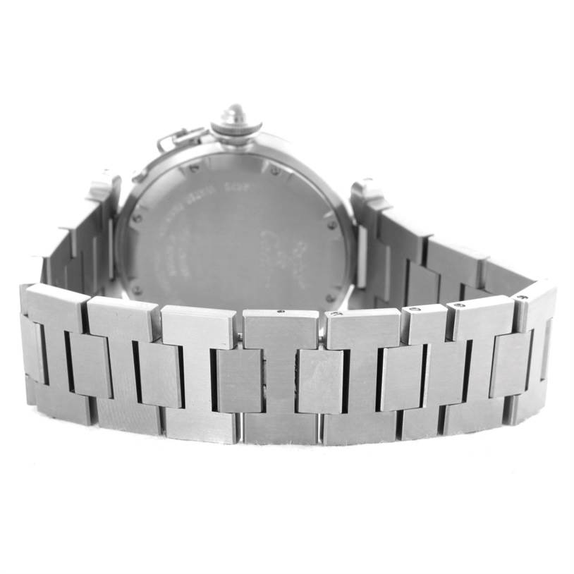 This image shows the back view of a Cartier Pasha W31058M7 Women
s Stainless Steel Pink Dial W31058M7 Women
s Stainless Steel Pink Dial watch, highlighting its metal case back and bracelet.