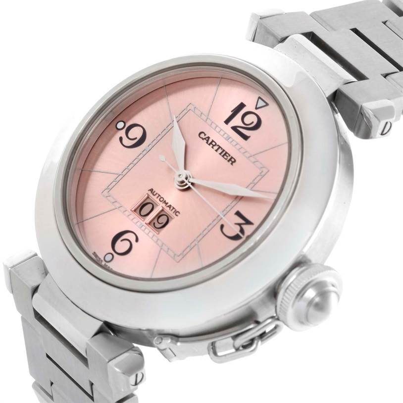 The image shows a close-up, angled view of the dial and metal bracelet of a Cartier Pasha W31058M7 Women
s Stainless Steel Pink Dial W31058M7 Women
s Stainless Steel Pink Dial watch.