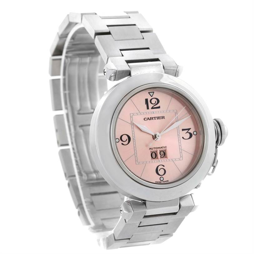 The image shows a Cartier Pasha W31058M7 Women
s Stainless Steel Pink Dial W31058M7 Women
s Stainless Steel Pink Dial watch at a slight angle, displaying its front dial and metal bracelet.