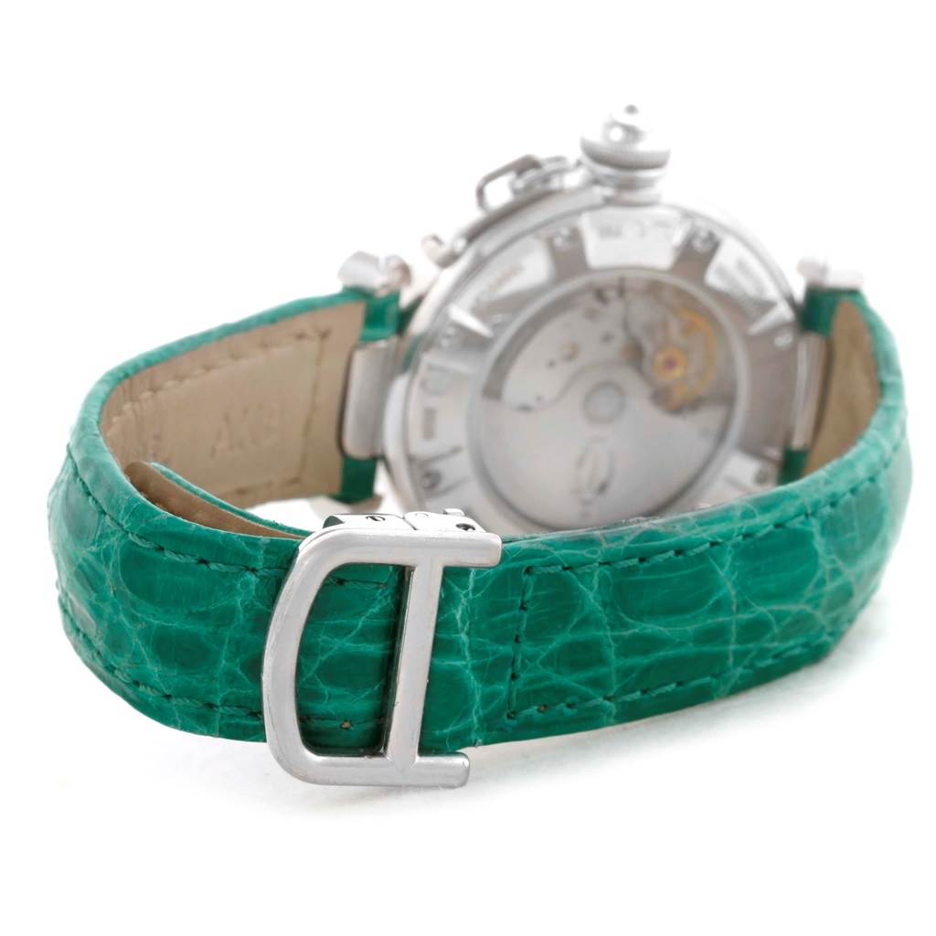 The image shows the back view of a Cartier Pasha WJ116136 Men's White Gold Silver Dial WJ116136 Men's White Gold Silver Dial watch with a green leather strap and a visible buckle.