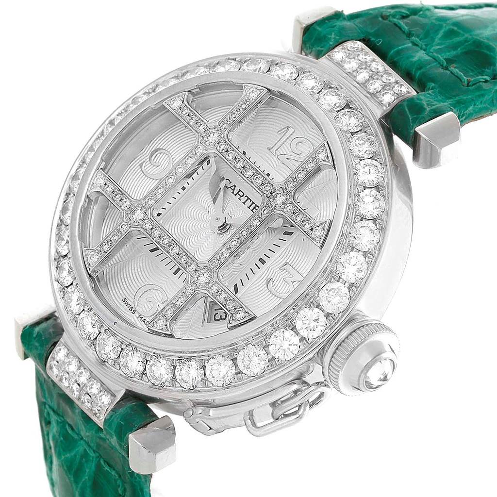 Cartier Pasha White Gold Green Strap Diamond Grid Ladies Watch Wj116136 Swisswatchexpo 