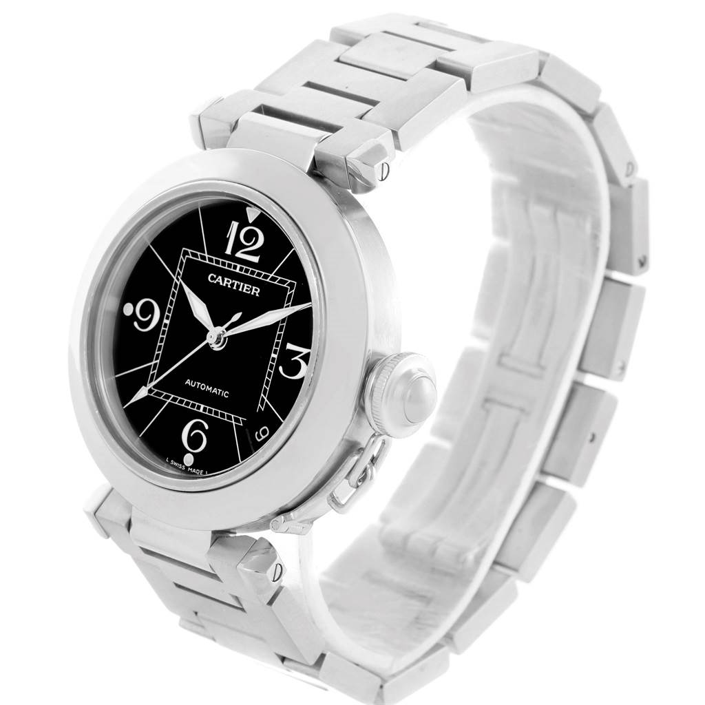 The image shows a Cartier Pasha W31076M7 Women's Stainless Steel Black Dial W31076M7 Women's Stainless Steel Black Dial model watch at a three-quarter angle, displaying the dial, crown, and bracelet.
