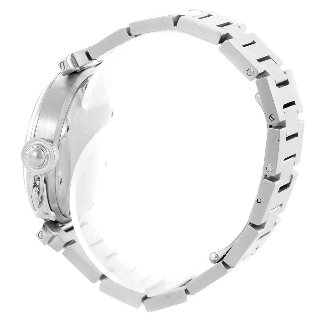 The image shows a side profile of the Cartier Pasha W31076M7 Women's Stainless Steel Black Dial W31076M7 Women's Stainless Steel Black Dial watch, highlighting its clasp and metal bracelet.